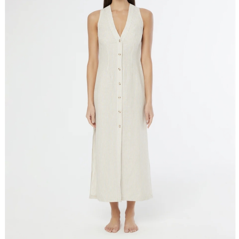 Onia Air Linen Button Down Maxi Dress Jute/White Size XS NWOT